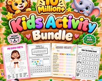 Kids Activity Bundle, PLR MRR Printable Worksheets, Alphabet, Numbers, Coloring Pages and Mazes