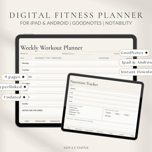 Op de afbeelding: Een digitale fitnessplanner weergegeven op twee tablets, met een Weekly Workout Planner en een Nutrition Tracker. De tekst bevat Digital Fitness Planner, GoodNotes, Ipad & Android, Instant Download, 9 pages, Hyperlinked en Undated.