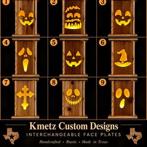 May include: Nine rectangular wooden panels with cutouts illuminated from behind, displaying various Halloween-themed shapes including jack-o'-lantern faces, a witch hat, and a cross. Text at the bottom reads Kmetz Custom Designs.