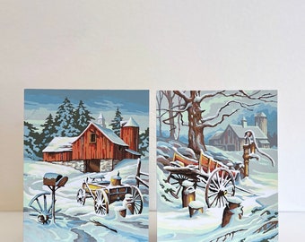 Pair of Vintage Snow Scene Paint by Numbers