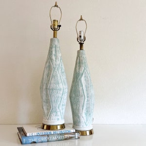 Mid-Century Pair of Frosty Mint Green and White Ceramic Table Lamps image 1