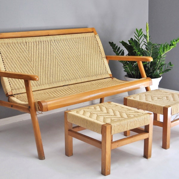 On hold for M.S. - Mid-Century Wicker Patio Set - Love Seat and Footstools