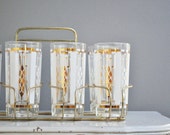 Mid-Century Gold and White Tumblers with Carrier