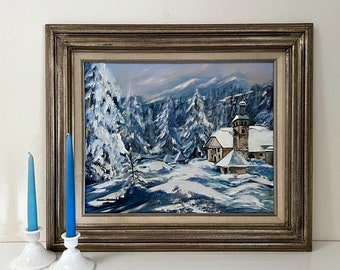Vintage Winter Church Scene Painting