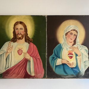 Pair of Original Religious Paintings on Canvas-   Jesus and the Virgin Mary
