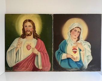 Vintage 1942 Jesus or Virgin Mary Painting on Canvas