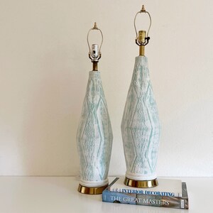 Mid-Century Pair of Frosty Mint Green and White Ceramic Table Lamps image 2