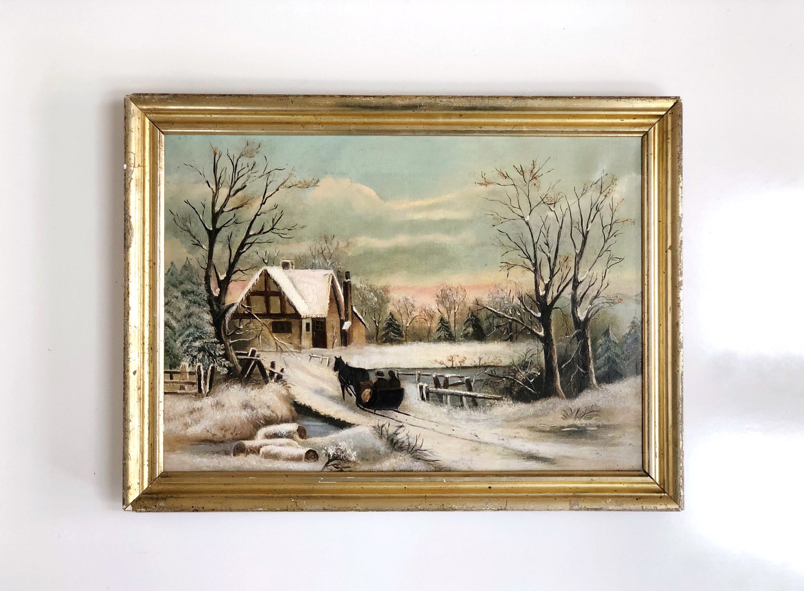 Antique Original Framed Winter Scene Painting Etsy