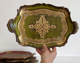 Vintage Green and Gold Italian Florentine Decorative Tray