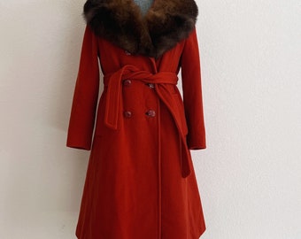 Vintage Reddish Orange Fur Collared Wool Coat