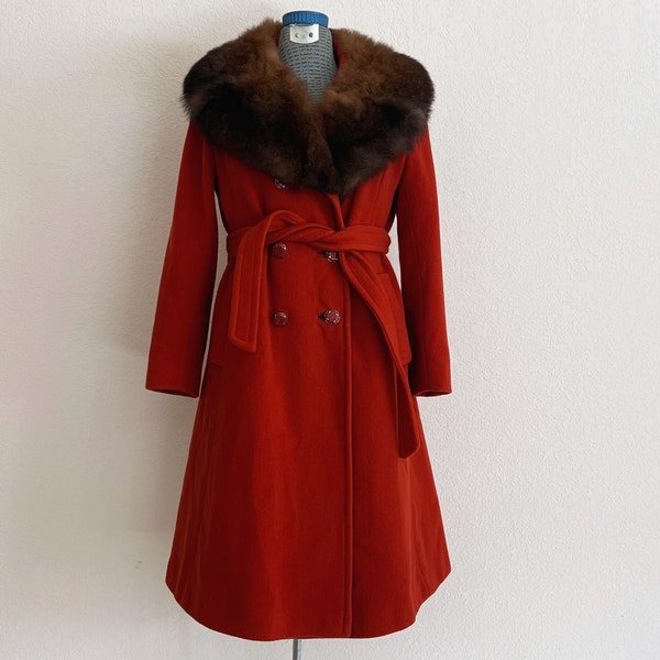 Vintage Reddish Orange Fur Collared Wool Coat
