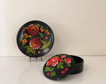 Pair of Black Lacquer Russian Hand-Painted Pieces - One Decorative Plate and One Lidded Box