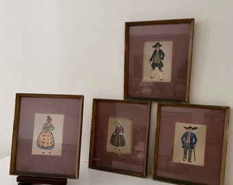 Set of Four Vintage Framed French Provincial Fashion Prints