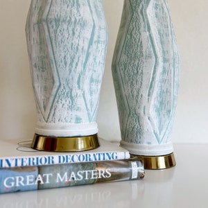 Mid-Century Pair of Frosty Mint Green and White Ceramic Table Lamps image 5