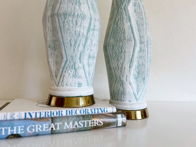 Mid-Century Pair of Frosty Mint Green and White Ceramic Table Lamps image 5