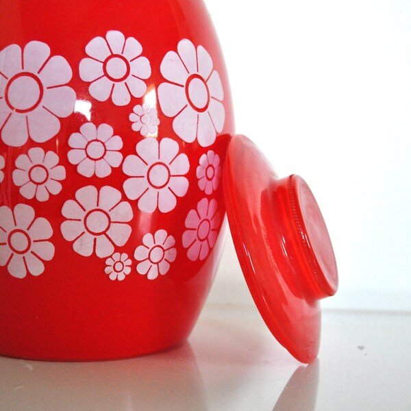 Vintage Bartlett Collins Cookie Jar - Groovy Red with White Flowers
