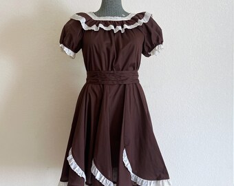 Vintage Brown and White Eyelet Trimmed Square Dance Dress