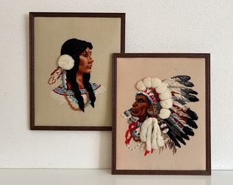 Pair of Vintage Native American Crewel Embroideries