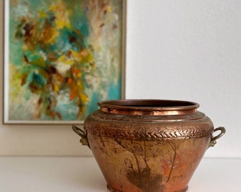 Large Vintage Copper Pot with Brass Lion Handles