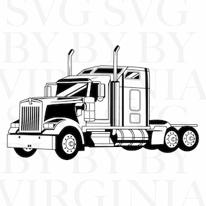 Puede incluir: Ilustración en blanco y negro de un camión articulado. La imagen muestra la cabina, los tubos de escape y las ruedas del camión en detalle. Gráfico vectorial adecuado para diversos usos.