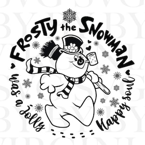 May include: Black and white illustration of Frosty the Snowman. Frosty is wearing a top hat, scarf, and holding a pipe. The text "Frosty the Snowman was a jolly happy soul" is written around the snowman with snowflakes and hearts.