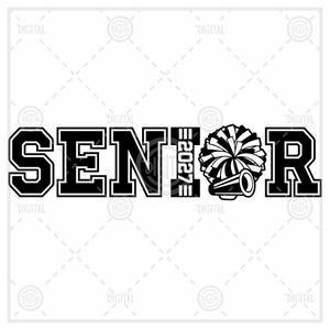 Può includere: Design grafico in bianco e nero con la parola "SENIOR" in grassetto. L'anno "2027" è integrato nel design, insieme a un megafono e un pompon, perfetto per le celebrazioni di laurea.