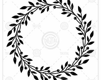 May include: A black and white circular wreath design. The wreath is composed of stylized leaves and berries, creating a symmetrical and elegant border. The design is suitable for digital art, invitations, or decorative elements.