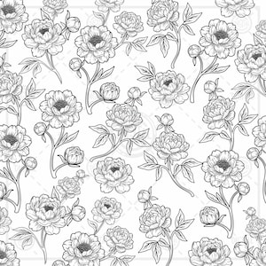 May include: A black and white digital illustration featuring a repeating pattern of peony flowers. The design includes multiple blooming peony heads, closed flower buds, and detailed green leaves rendered in a clean line art style.