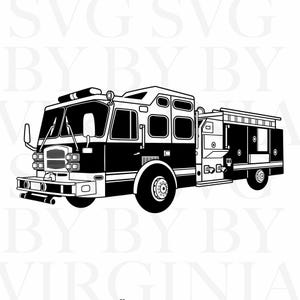 May include: Black and white illustration of a fire truck. The truck features a ladder, multiple windows, and emergency lights. The design is a vector graphic, suitable for various applications.