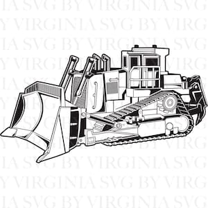 May include: A black and white line drawing of a bulldozer, a heavy construction vehicle. The bulldozer has a large blade at the front, a cab, and tracks. This vector graphic is suitable for digital projects and design.