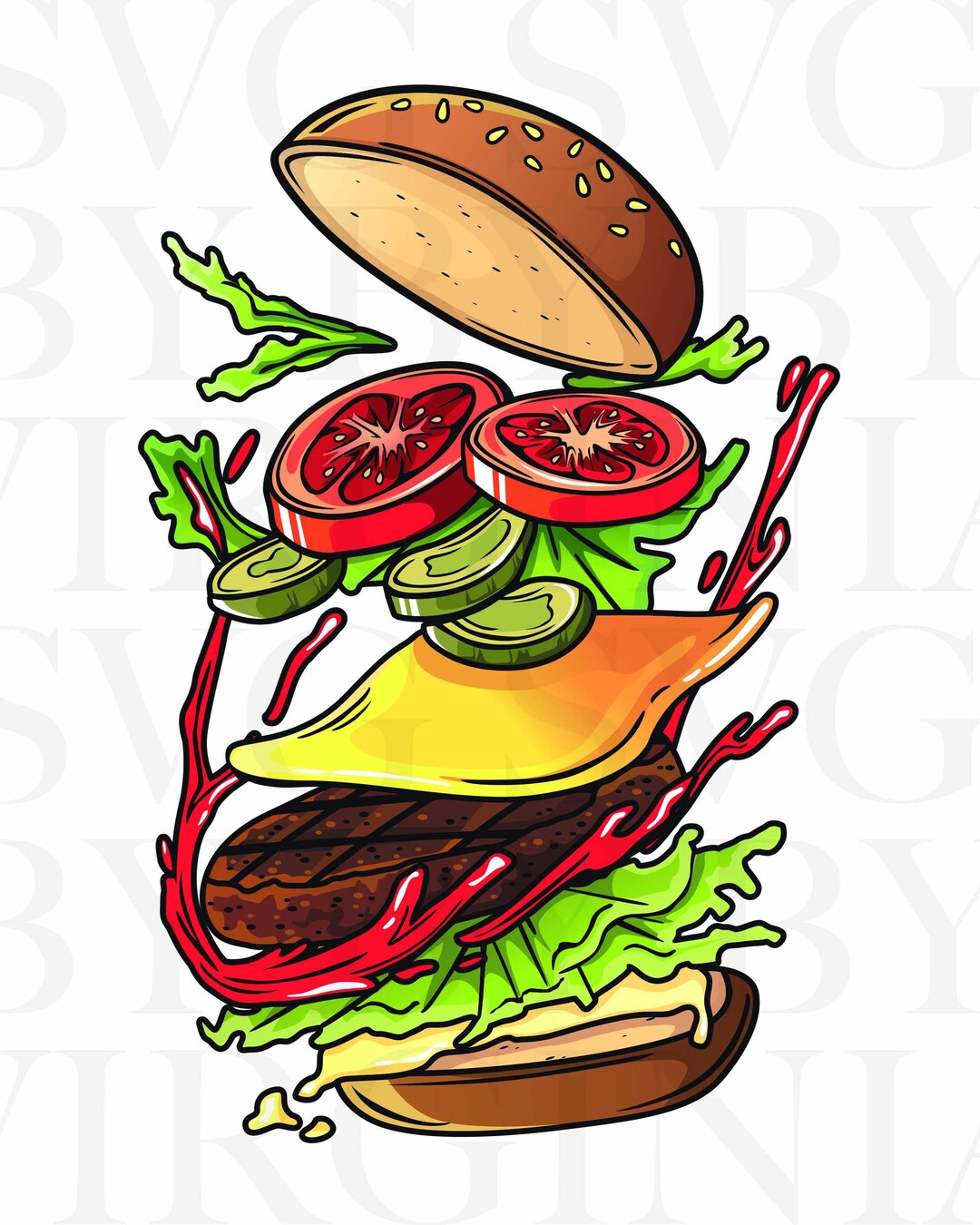 Exploding Cheeseburger SVG: Stacked Burger Graphic (digital Download ...