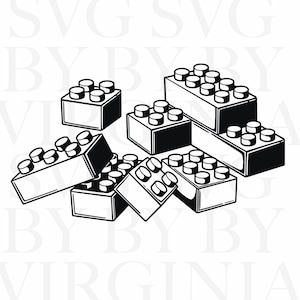 Puede incluir: Ilustración en blanco y negro de varios bloques de construcción de juguete. Los bloques son rectangulares con clavijas circulares en la parte superior, dispuestos en un montón disperso. Imagen vectorial, ideal para diseño digital.