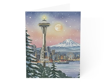 Seattle Snowy Skyline Greeting Card | Space Needle, Mt. Rainier, Winter Scene