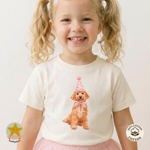 Cute Birthday Dog Shirt, Watercolor Puppy Tee, Pink Party Hat Dog, Toddler Girl Shirt, Kids Dog Lover Gift, Golden Doodle Shirt