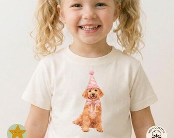 Cute Birthday Dog Shirt, Watercolor Puppy Tee, Pink Party Hat Dog, Toddler Girl Shirt, Kids Dog Lover Gift, Golden Doodle Shirt