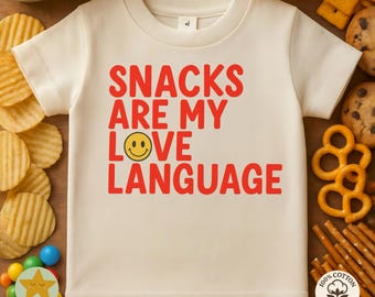 Snacks Are My Love Language Kids Shirt, Funny Toddler Tee, Cute Snack Lover T-Shirt, Smiley Face Kids Outfit, Foodie Baby Shirt