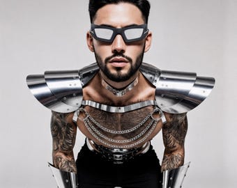 Set di costumi da uomo con armatura futuristica, abito da palcoscenico con spalline e cintura, abbigliamento cyberpunk metallizzato