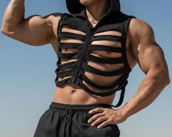 Black Ribcage Hooded Vest for Men - Cage Top with Adjustable Straps | Rave Festival, Burning man Wear