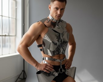 Futuristic Festival Armor Wear, Silver Leather Top & Skirt, Pride Fashion Outfit