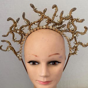Antiqued Gold Medusa Headpiece with Shiny Gold Beads