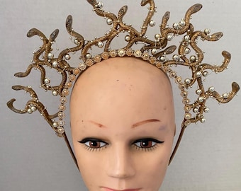 Antiqued Gold Medusa Headpiece with Shiny Gold Beads