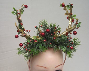 Red Berried Wrapped Gold Reindeer Antlers