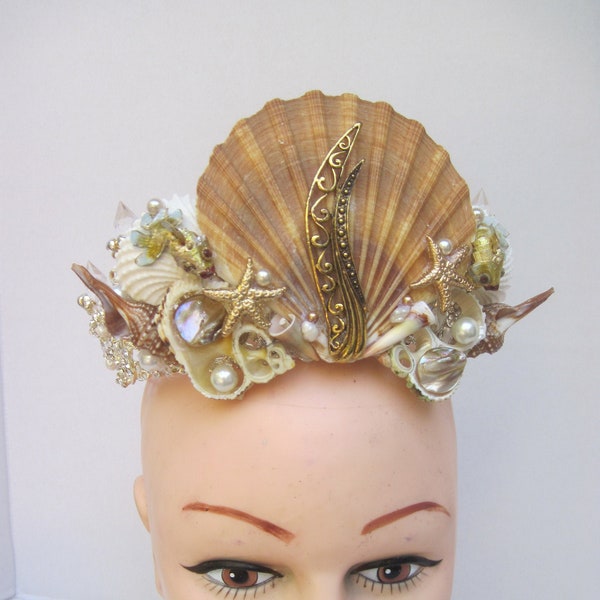 Mermaid Sea Crown with Authentic Ocean Shells & Pearls with Cloisonne Metal Fish