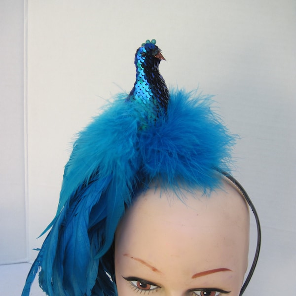 Deep Turquoise Feathered & Sequin Peacock Headpiece