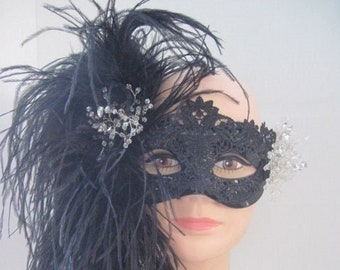 Black Lace Mask with Ostrich Feathers & Mask Stick