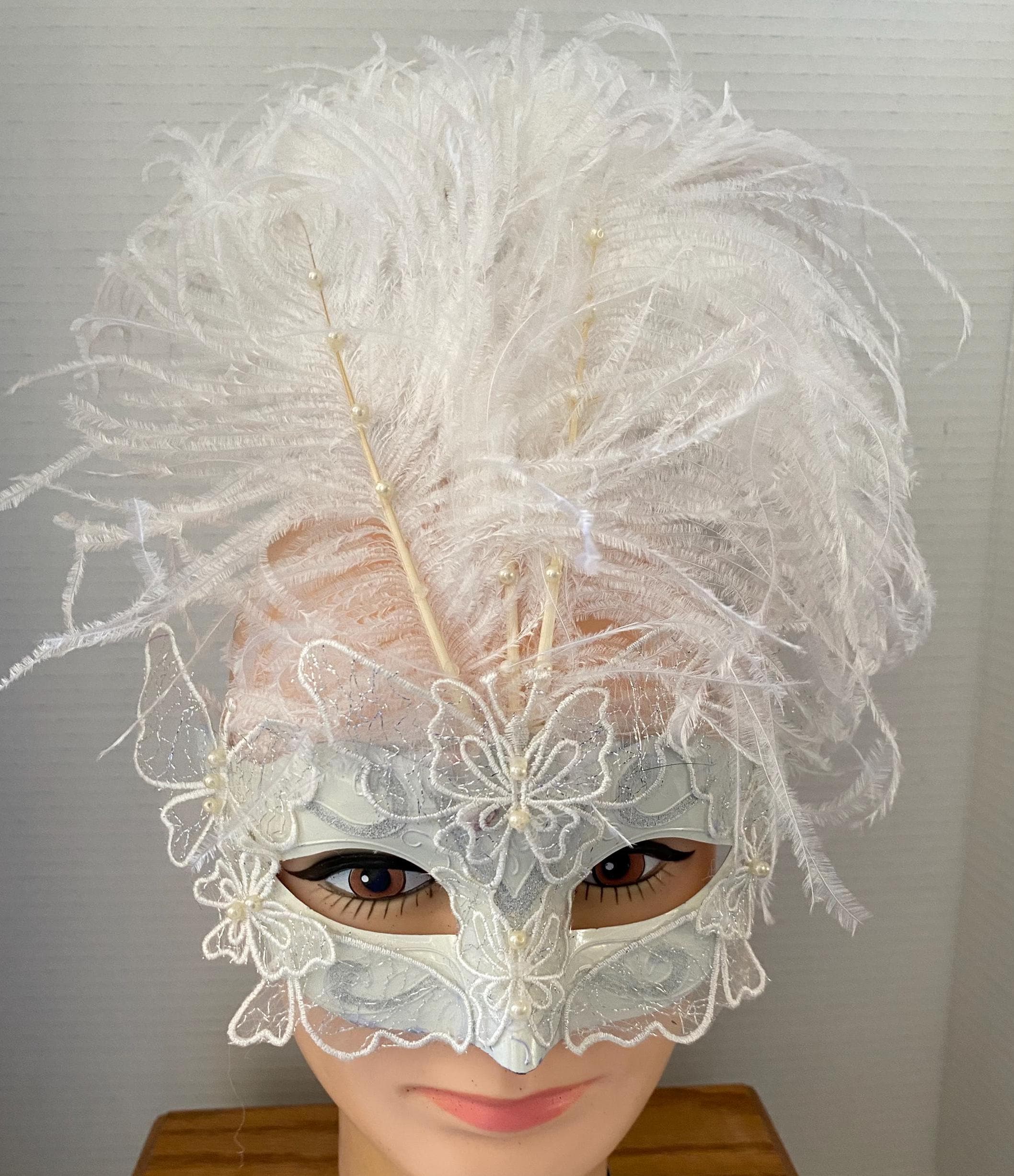 White Ostrich Feathered Masquerade Half Mask With Pearls