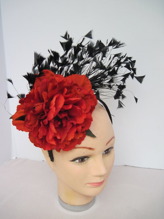 Red Peony Feathered Fascinator Red Peony Hair flower main image 4