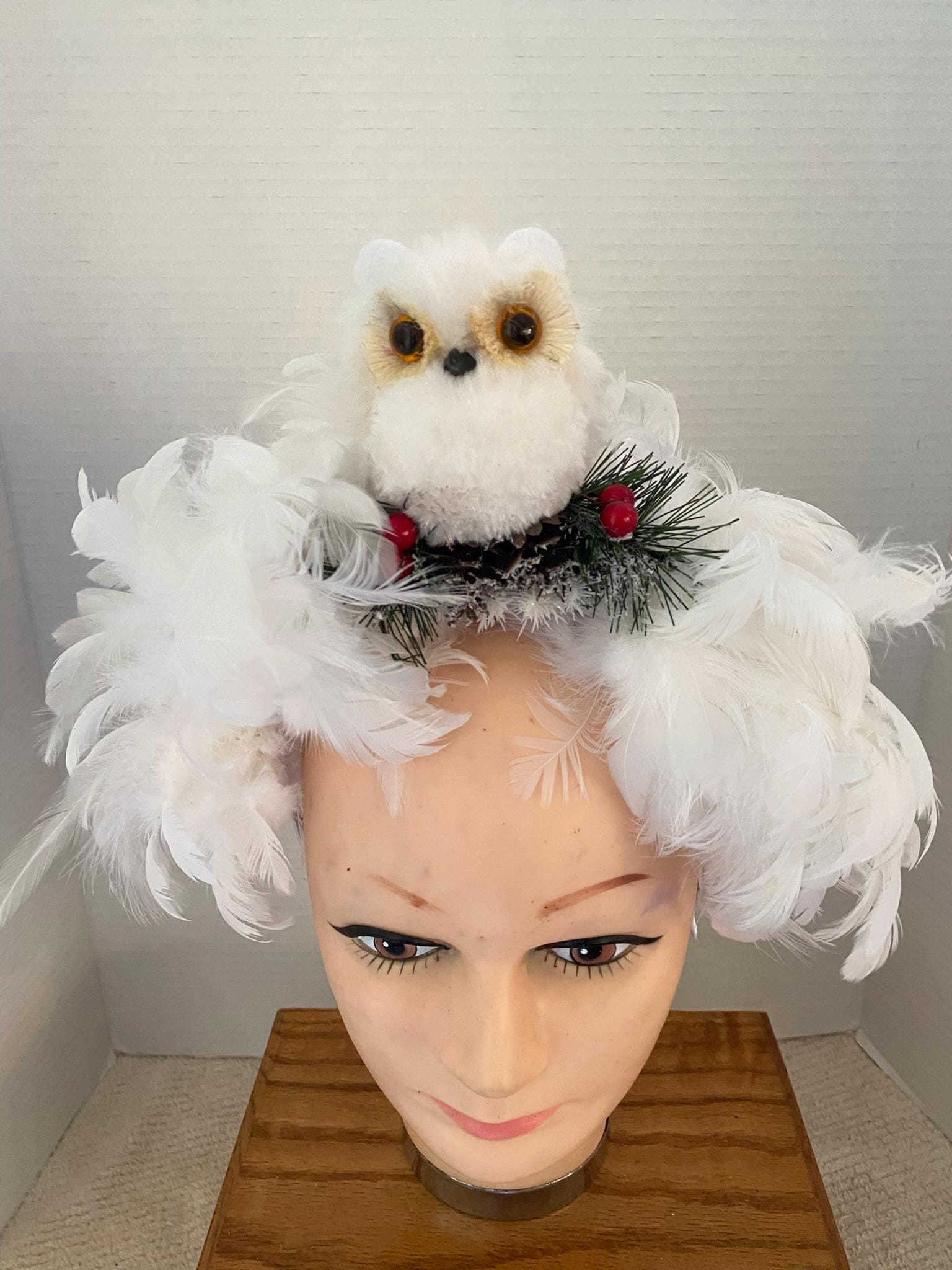Feathered White Owl with a Touch of Holiday Greens