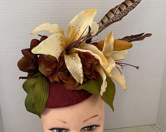 Lady Amherst Pheasant Tail Feathers with Beige Lilies & Brown Hydrangeas