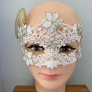 White Lace Mask with Embroidered Flowers and Gold Accents